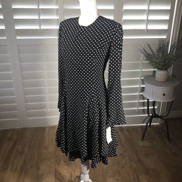 Vtg 80s D Frank Polka Dot Dress 12 NEW A Line Black Tiered Skirt Cute Flirty Fun - Picture 3 of 12